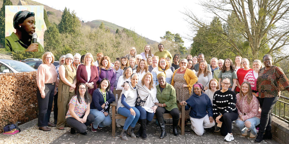 Kate Coleman, inset, on a main photo of delegates from the event to amplify women's voices.