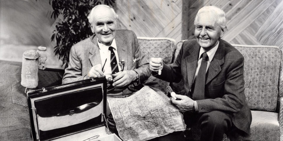 Charles Fraser-Smith, right, with the actor who played him in many Bond films, Desmond Llewellyn
