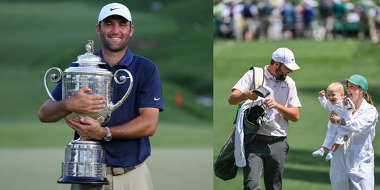 Scottie Scheffler with his trophy and with wife Meredith and son Bennett