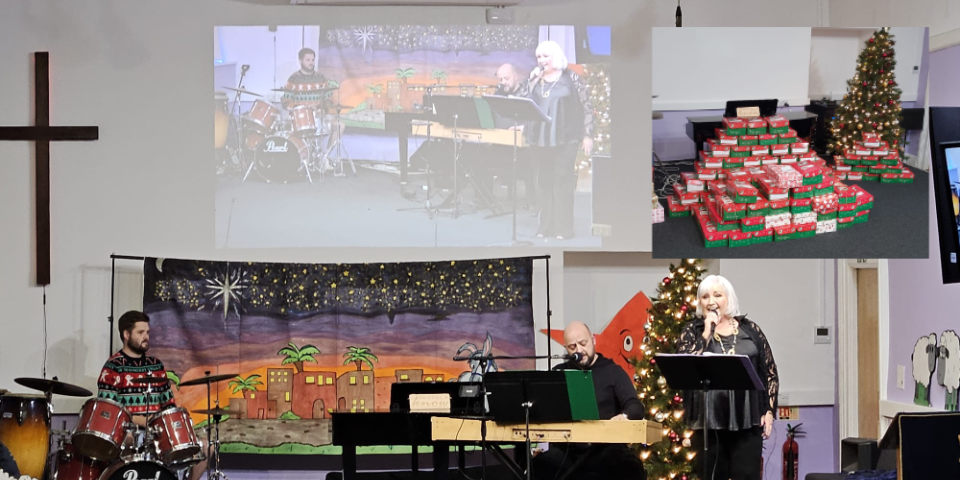 Bont Elim gets behind the appeal and, inset, the shoeboxes ready to be sent