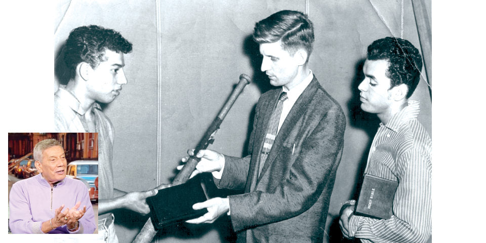 Nicky Cruz swaps a baseball bat for a Bible with David Wilkerson. Inset, Nicky today