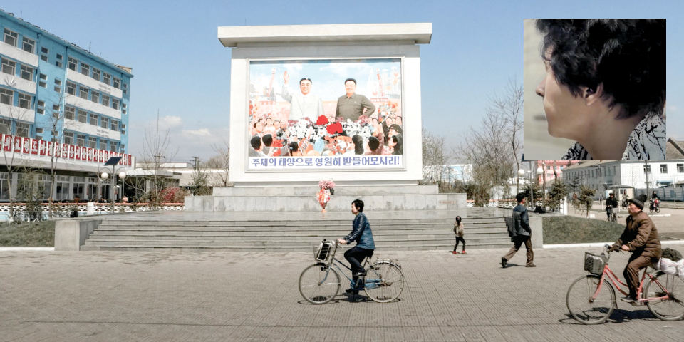 A North Korean street and, inset, a profile shot of Hae Woo