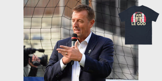 Matt Le Tissier as a pundit and, top right, the T-shirt bearing witness to his legendary status