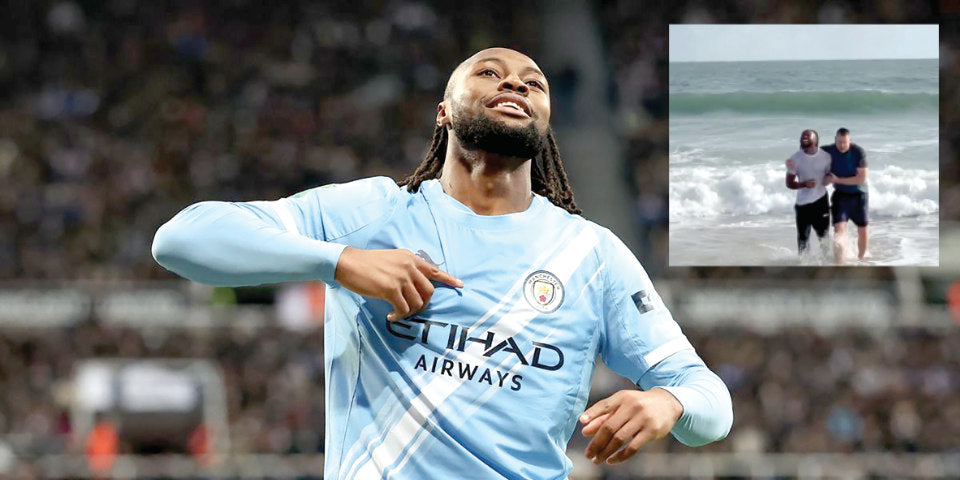 Semenyo scores on his debut and, inset, his baptism on a Bournemouth beach.