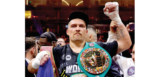 A triumphant Oleksandr Usyk after beating Tyson Fury.