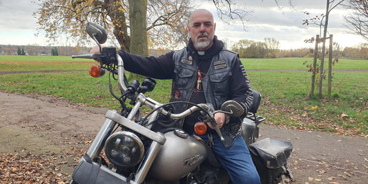 Nigel Rostock on his Harley-Davidson.