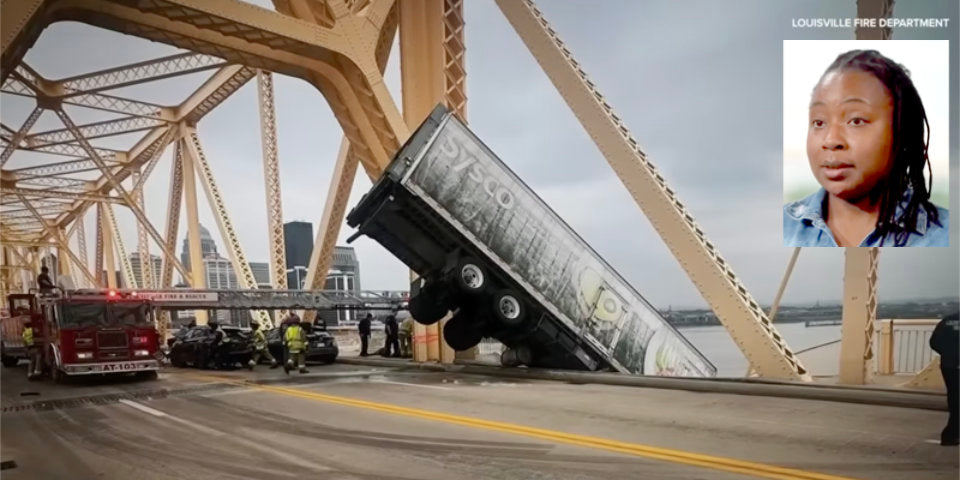 Sydney Thomas, inset, and her truck dangling over the Clark Memorial Bridge in Louisville, Kentucky, 70ft over the Ohio River.