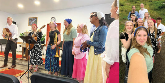 The missions group leads worship and, right, a group self with Hannah-Faith at the front