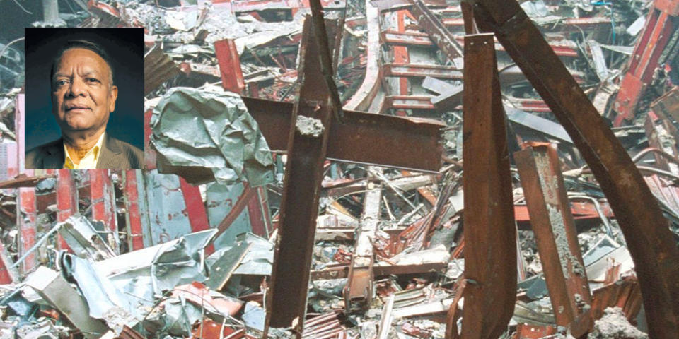 Stanley Praimnath, inset, amid rubble of the Twin Towers